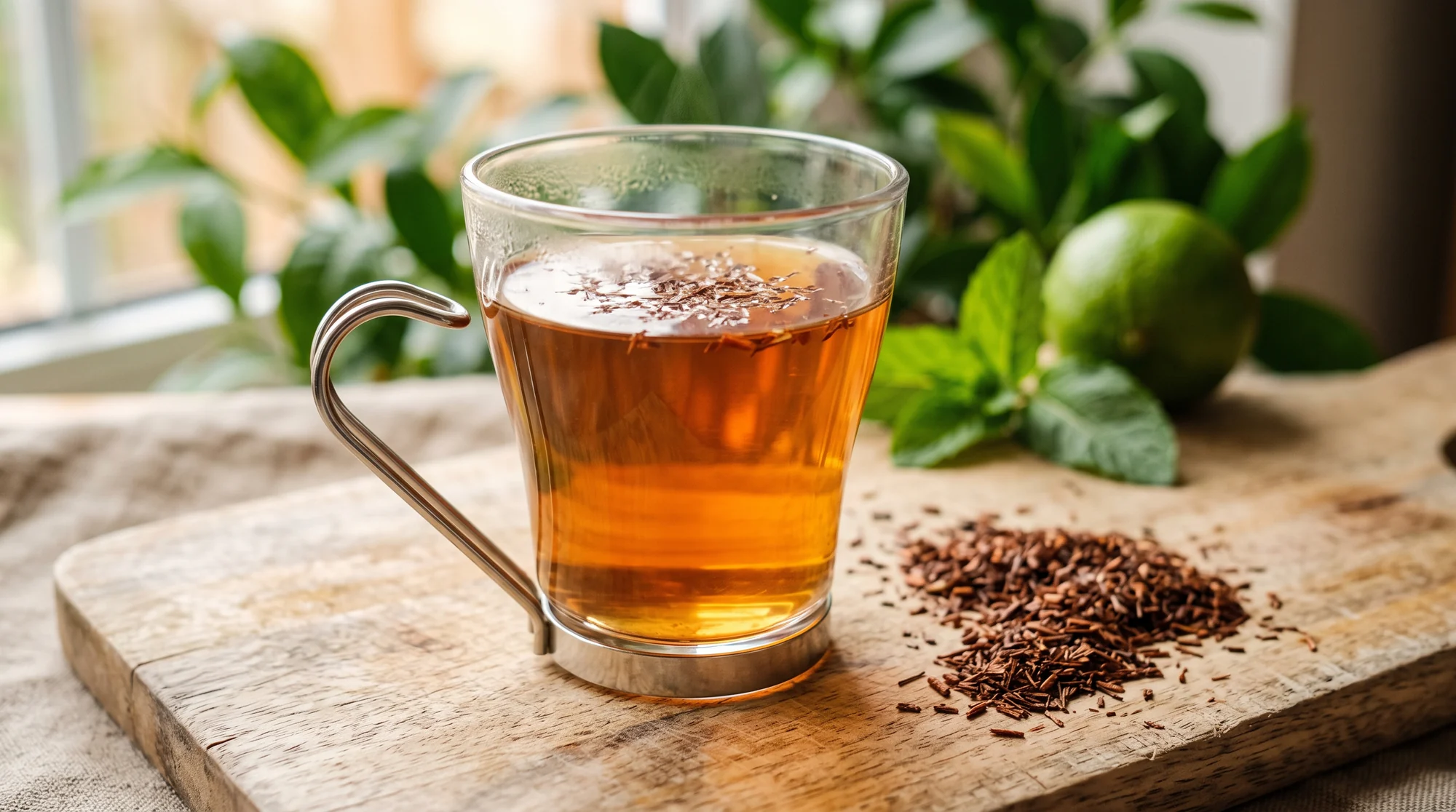 Mug of lemon, ginger and rosemary infusion beside a glass of water