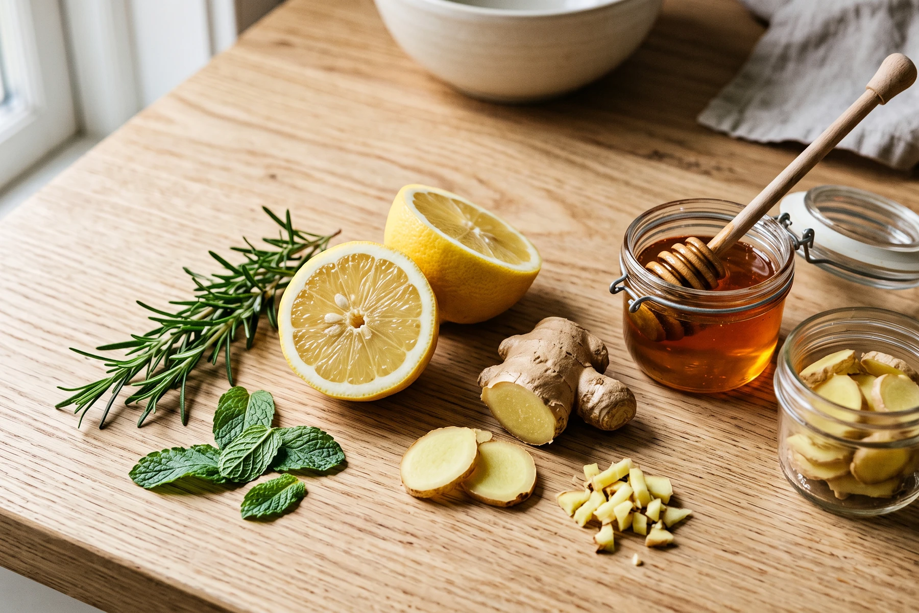 Rosemary, halved lemon, fresh ginger, mint, a jar of honey and a jar of sliced ginger on a wooden counter