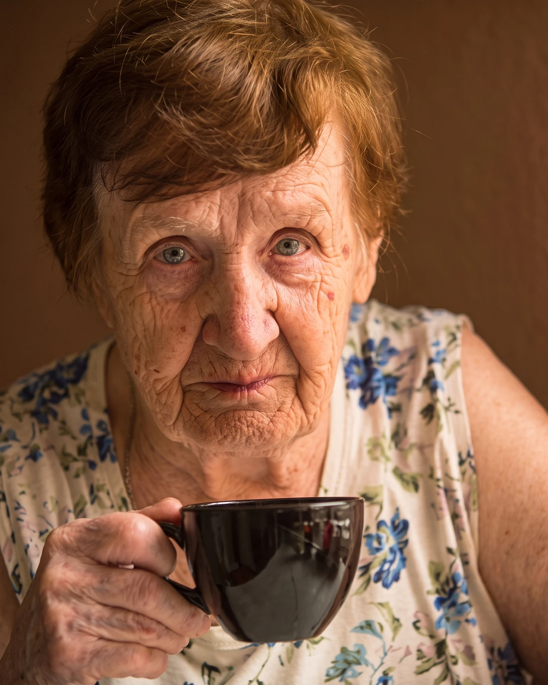 Older woman holding a cup of tea by the window